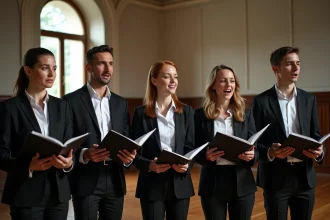 Chorale mixte d'adultes chantant dans une salle historique