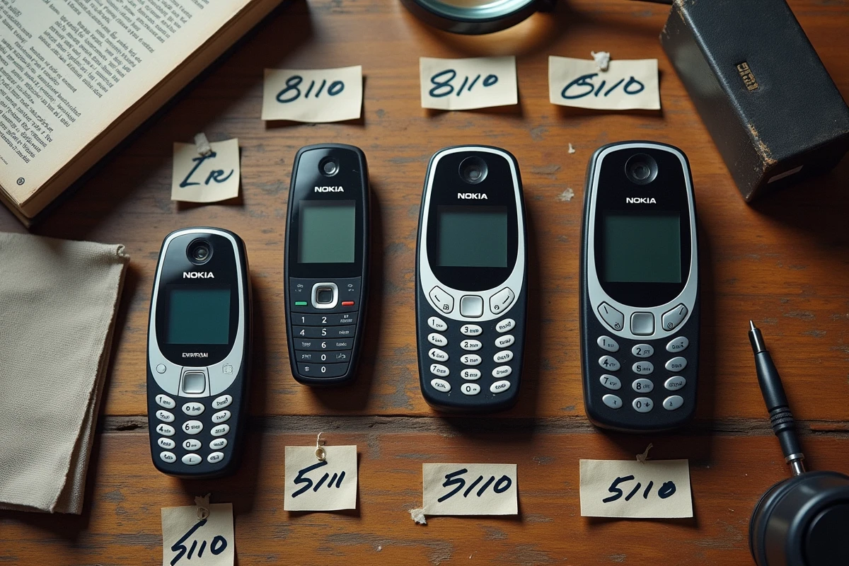Collection de vieux téléphones Nokia disposés en flat lay avec fiches d'identification sur une table en chêne