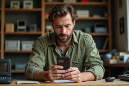 Collectionneur débutant examinant un Nokia 3310 vintage sur un bureau en bois entouré d'électronique rétro
