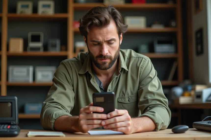 Collectionneur débutant examinant un Nokia 3310 vintage sur un bureau en bois entouré d'électronique rétro