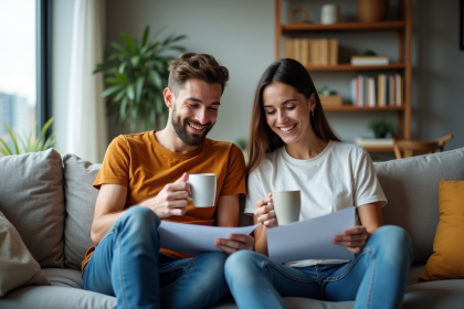 Deux jeunes adultes souriants dans un salon moderne