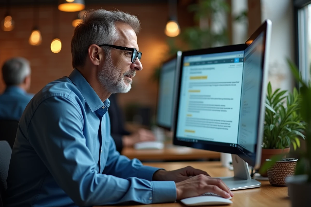 Homme comparant un site officiel et un site miroir suspect sur un grand écran dans un espace de coworking