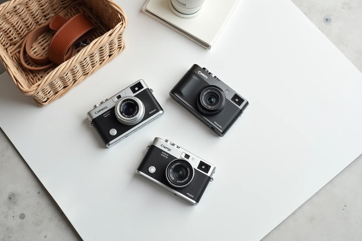 Comparatif de trois appareils photo compacts disposés sur une surface blanche avec fiches techniques