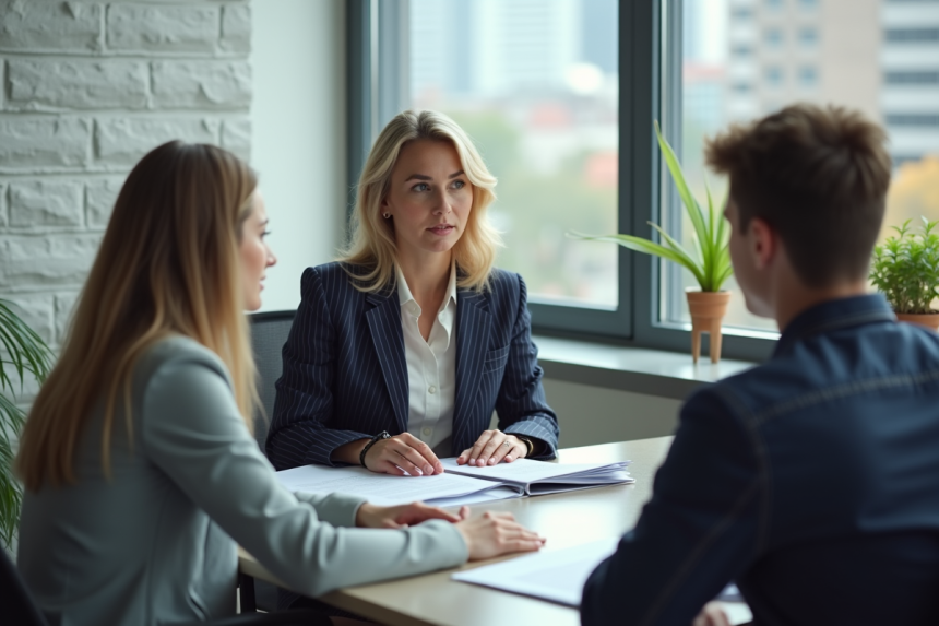 Conseillère en prêt immobilier expliquant des documents à un couple