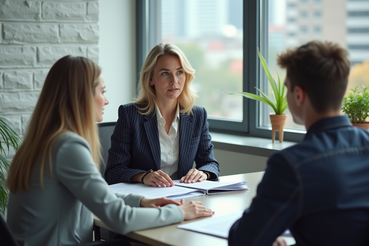 Conseillère en prêt immobilier expliquant des documents à un couple