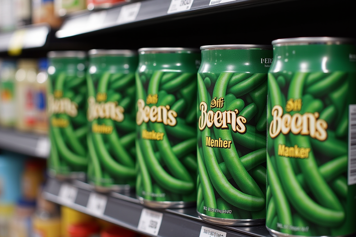 Conserves de haricots verts alignées en rayon de supermarché