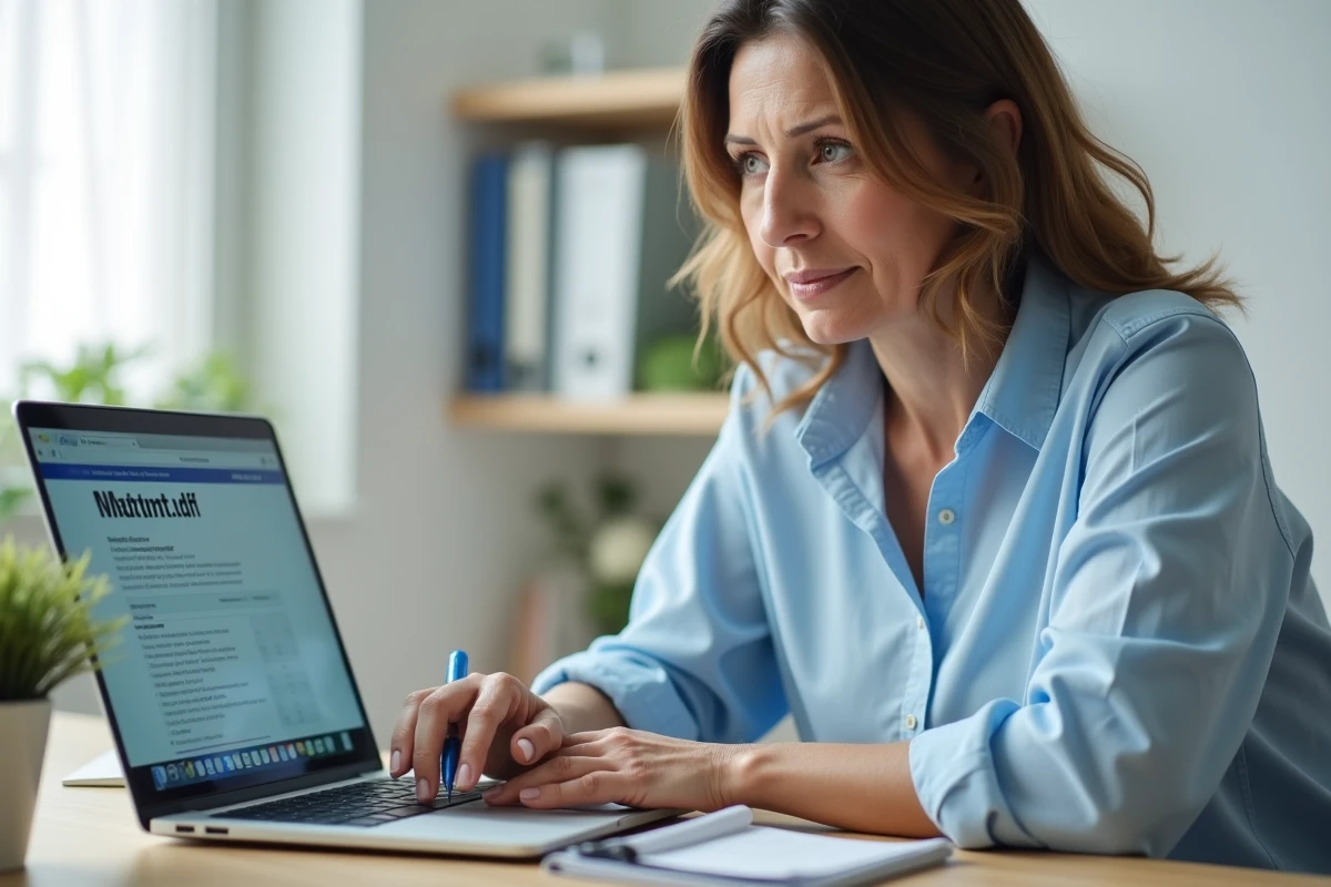 Femme consultant le site matnt.tdf sur ordinateur pour diagnostiquer sa réception TNT
