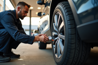 Vérification de la pression des pneus d'une voiture moderne au service