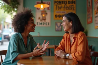 Deux femmes de cultures différentes en conversation animée dans un café créole, illustrant l'échange interculturel autour de la langue créole