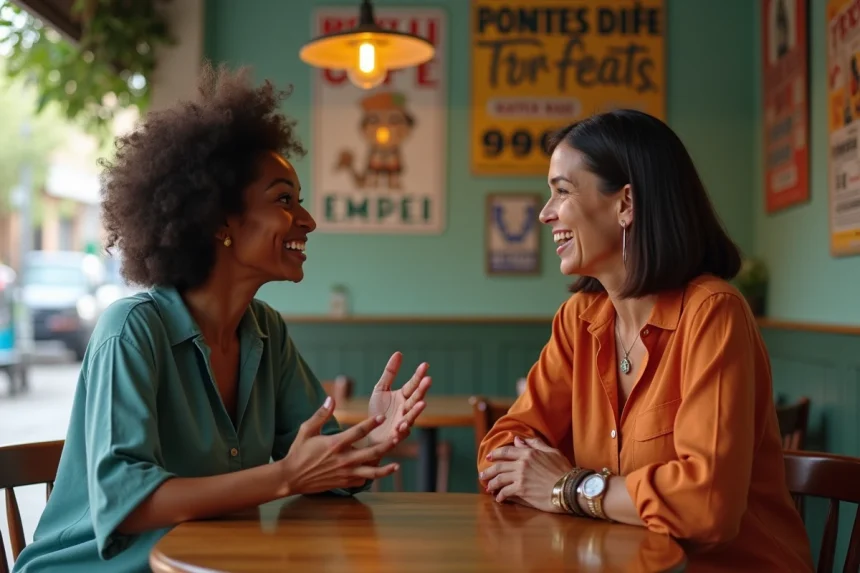 Deux femmes de cultures différentes en conversation animée dans un café créole, illustrant l'échange interculturel autour de la langue créole