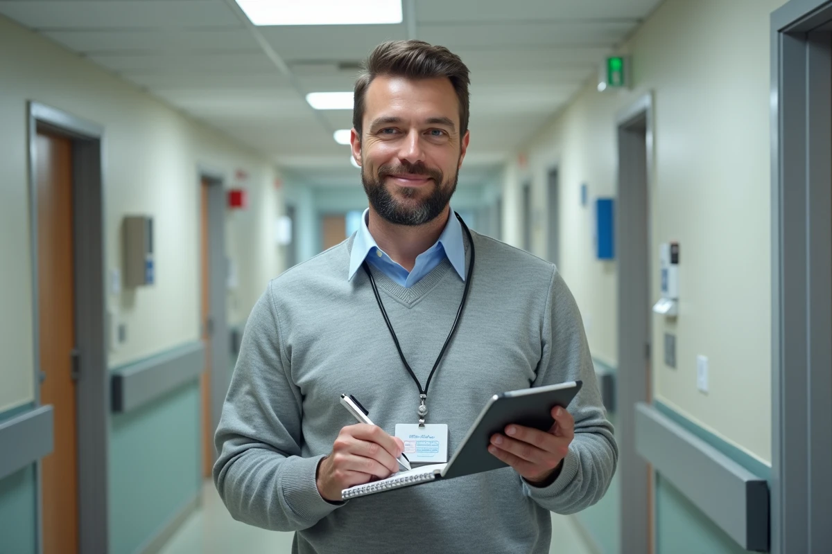Coordinateur qualité d'un établissement médico-social consultant une liste de contrôle numérique dans un couloir lors d'une démarche d'auto-évaluation