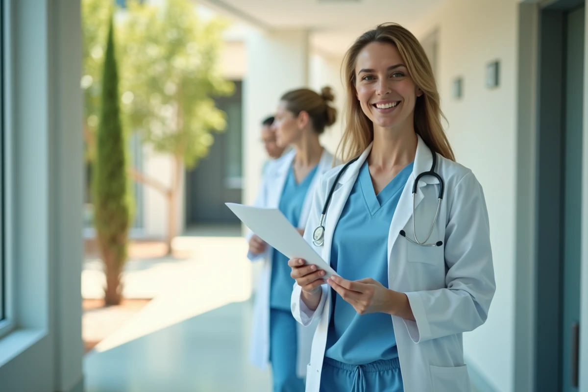 Infirmière dans un couloir d'hôpital français avec vue sur une cour méditerranéenne, décor typique de la série Demain nous appartient