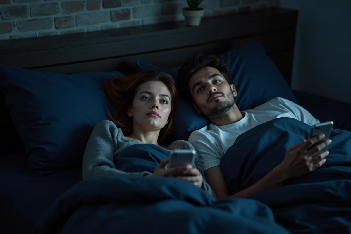 Couple allongé dos à dos dans un lit la nuit après une dispute, l'un regardant son téléphone