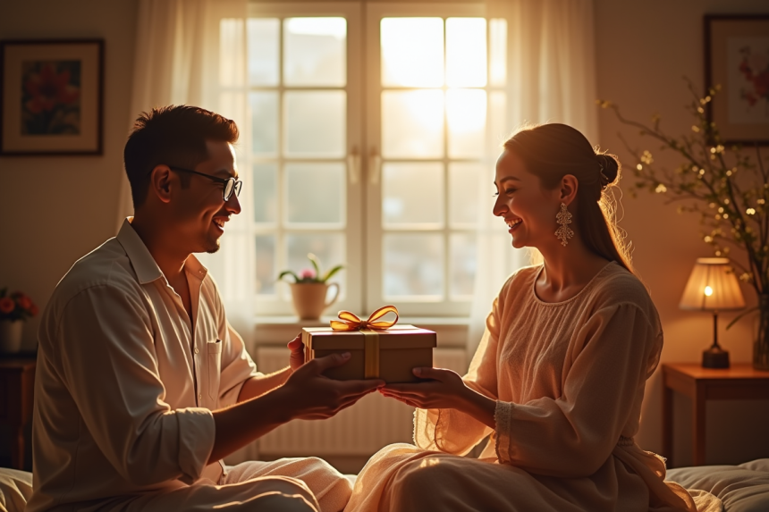 Couple heureux échangeant cadeaux en tenue traditionnelle pour anniversaire