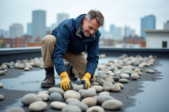 Couvreur homme posant des pierres sur un toit urbain