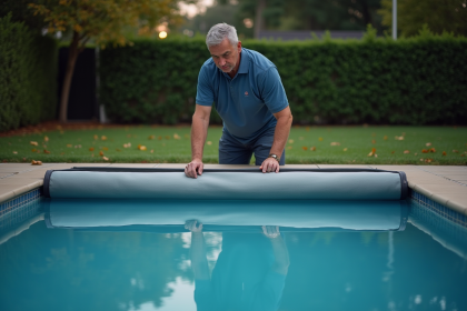 Homme d'âge moyen couvre la piscine en soirée