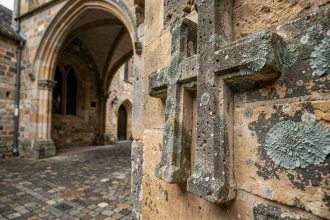 Croix de Lorraine sculptée en pierre sur un mur de cathédrale médiévale couverte de lichen, symbole historique ancien