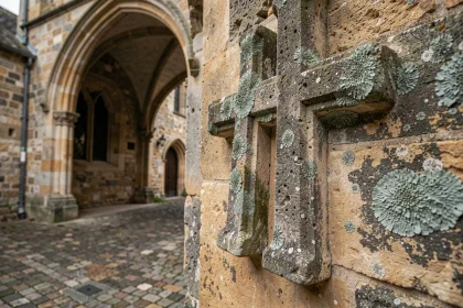 Croix de Lorraine sculptée en pierre sur un mur de cathédrale médiévale couverte de lichen, symbole historique ancien