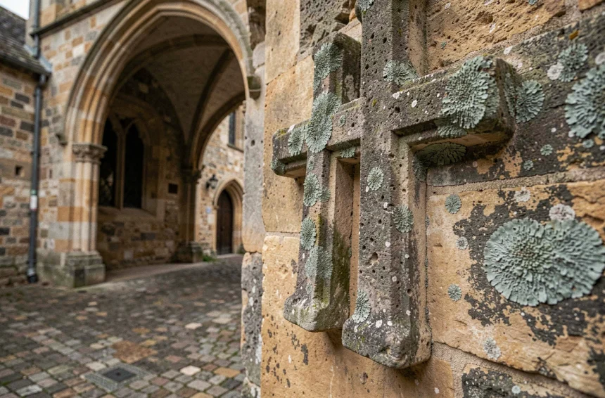 Croix de Lorraine sculptée en pierre sur un mur de cathédrale médiévale couverte de lichen, symbole historique ancien