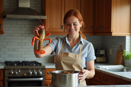 Femme avec homard dans une cuisine chaleureuse