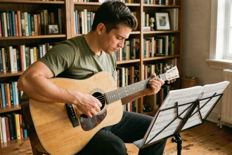 Jeune guitariste débutant lisant une tablature guitare sur un pupitre dans un salon chaleureux