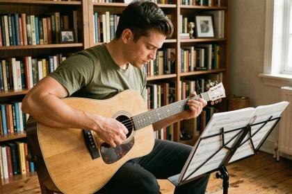 Jeune guitariste débutant lisant une tablature guitare sur un pupitre dans un salon chaleureux
