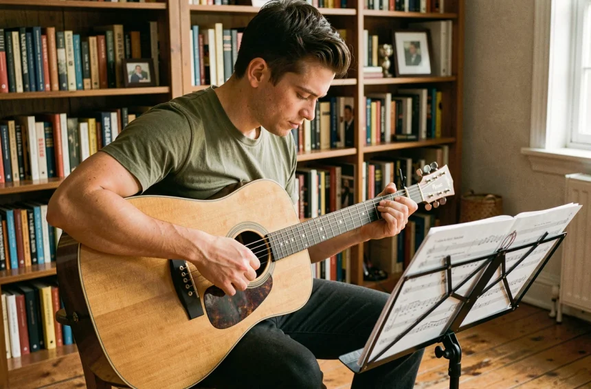 Jeune guitariste débutant lisant une tablature guitare sur un pupitre dans un salon chaleureux
