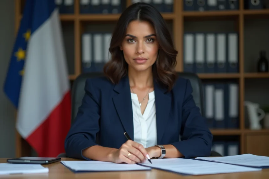 Femme consultant des documents officiels pour une demande de nationalité française dans un bureau administratif