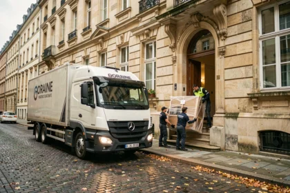 Camion de déménagement professionnel devant un immeuble en pierre à Metz avec des déménageurs en action