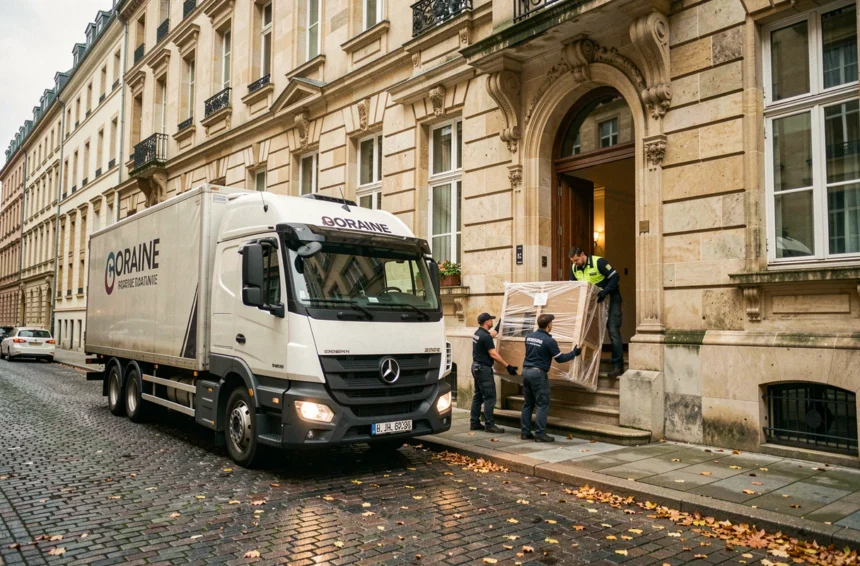 Camion de déménagement professionnel devant un immeuble en pierre à Metz avec des déménageurs en action