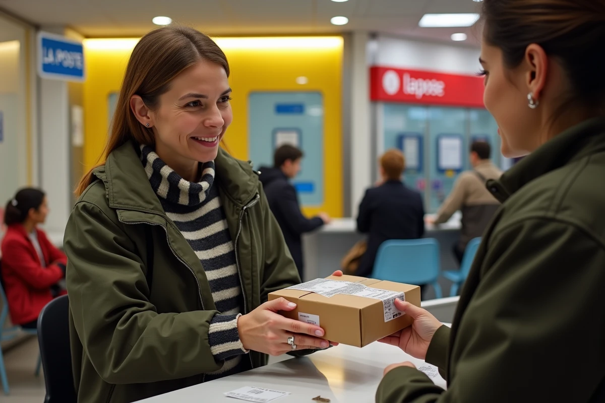 Femme remettant un colis Vinted Go à un agent dans un bureau de La Poste en France