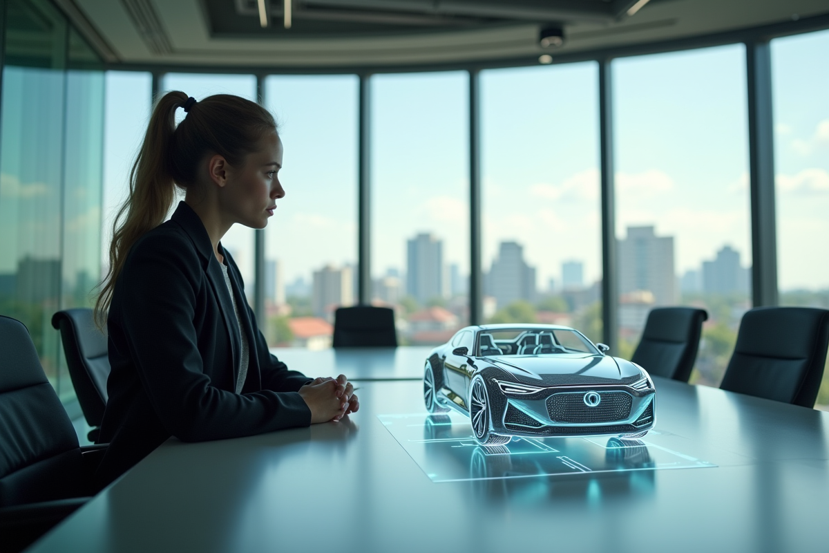 Jeune designer automobile examinant un modele holographique