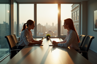Deux jeunes professionnels discutent carrière au bureau