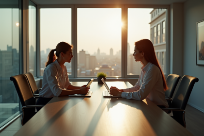 Deux jeunes professionnels discutent carrière au bureau