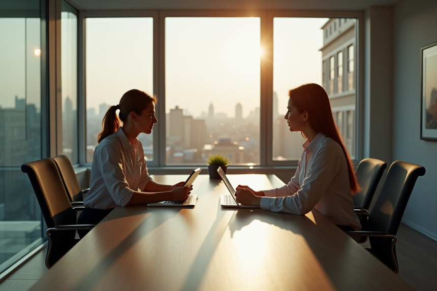 Deux jeunes professionnels discutent carrière au bureau