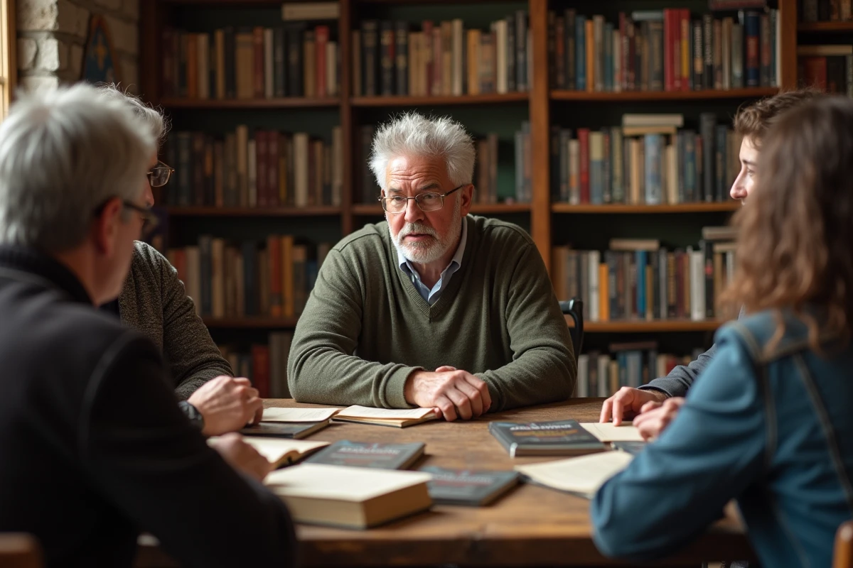 Groupe de personnes discutant autour de livres Warhammer dans une librairie