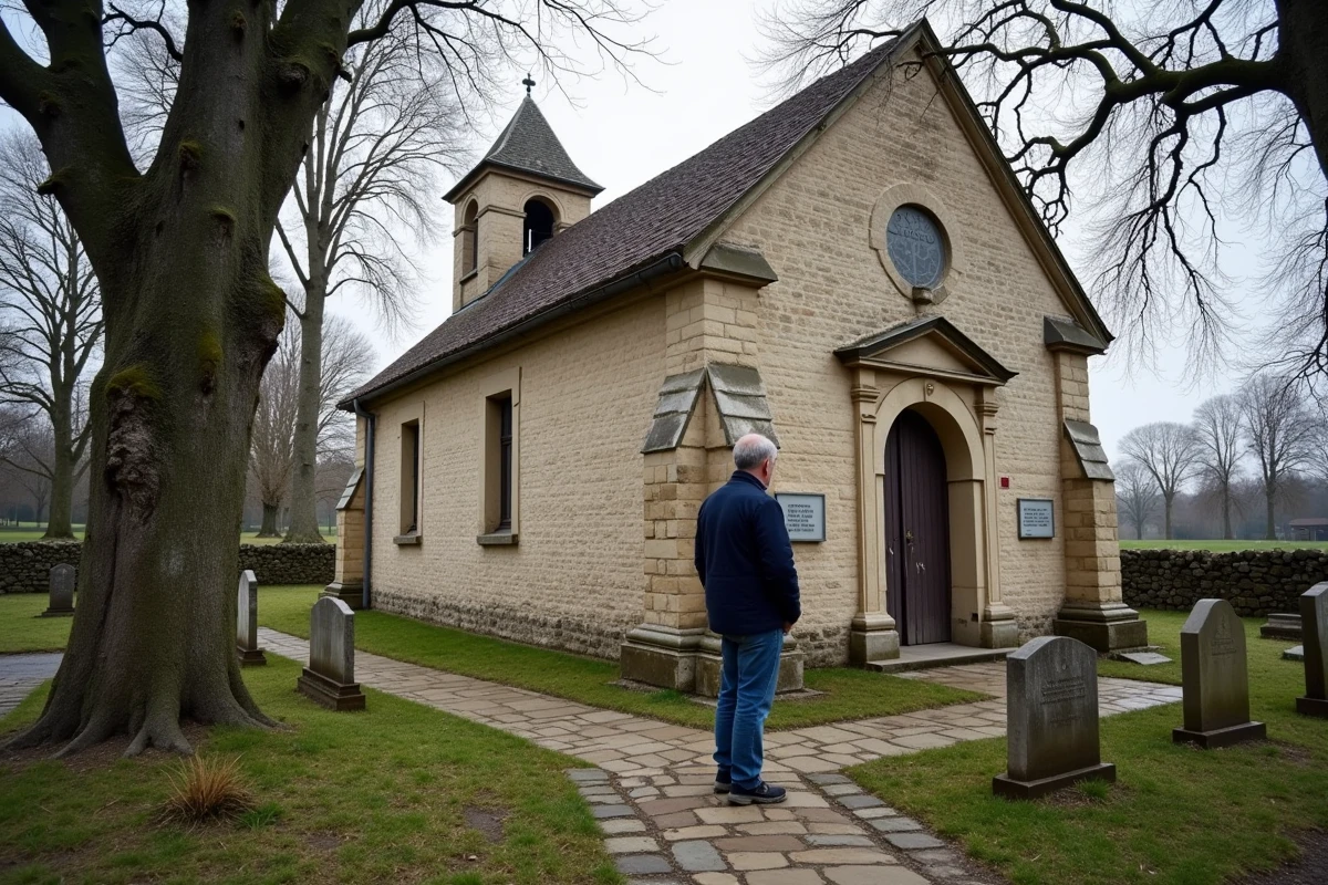 Église romane en pierre du village de Bésigny avec son clocher et son cimetière ancien en Seine-et-Marne