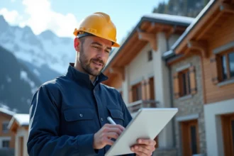 Électricien professionnel en Haute-Savoie tenant une tablette devant un bâtiment résidentiel avec les Alpes en arrière-plan