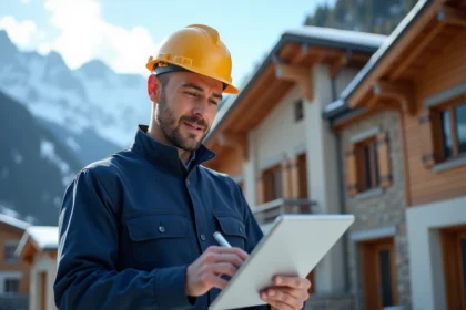 Électricien professionnel en Haute-Savoie tenant une tablette devant un bâtiment résidentiel avec les Alpes en arrière-plan