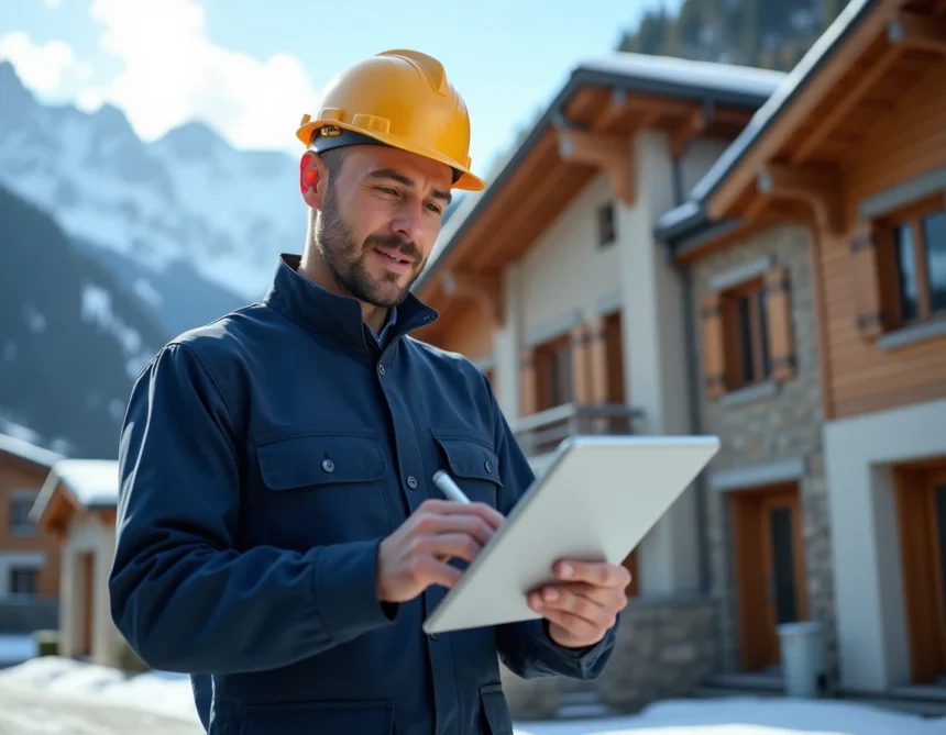 Électricien professionnel en Haute-Savoie tenant une tablette devant un bâtiment résidentiel avec les Alpes en arrière-plan