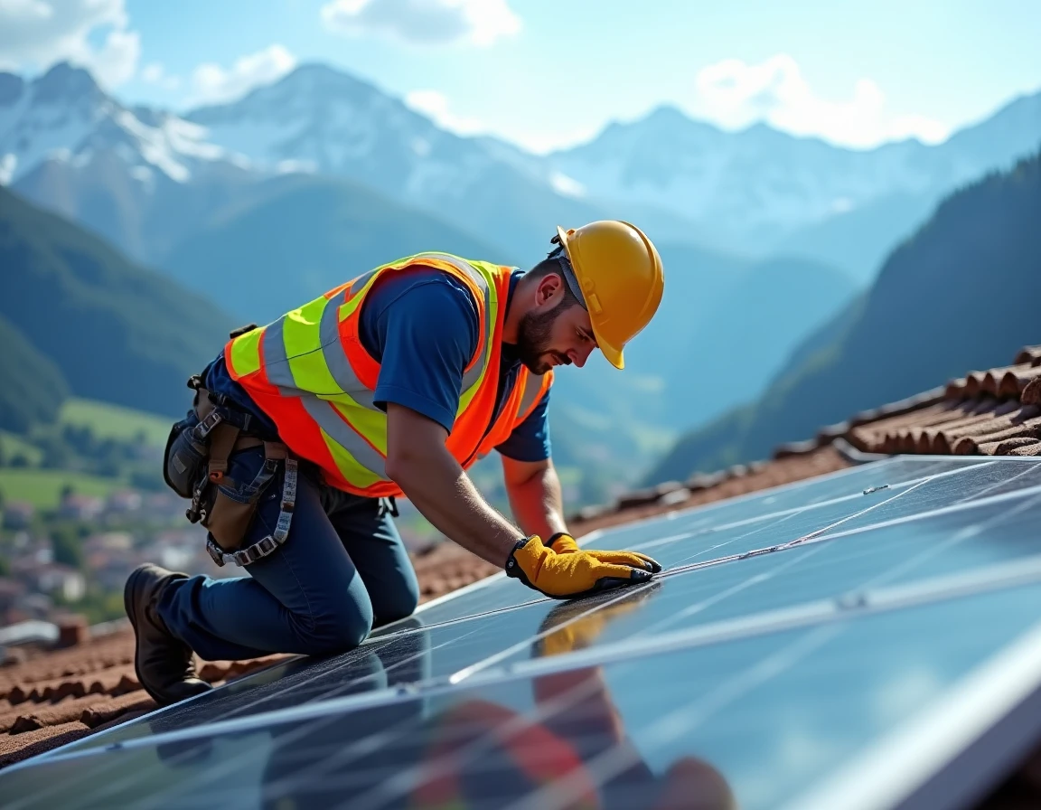 Électricien installant des panneaux solaires photovoltaïques sur un toit à Sallanches avec le massif du Mont-Blanc en arrière-plan