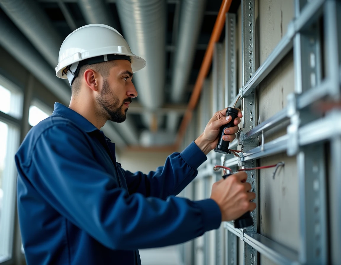 Électricien effectuant un câblage et une mise aux normes dans un bâtiment commercial avec chemins de câbles apparents