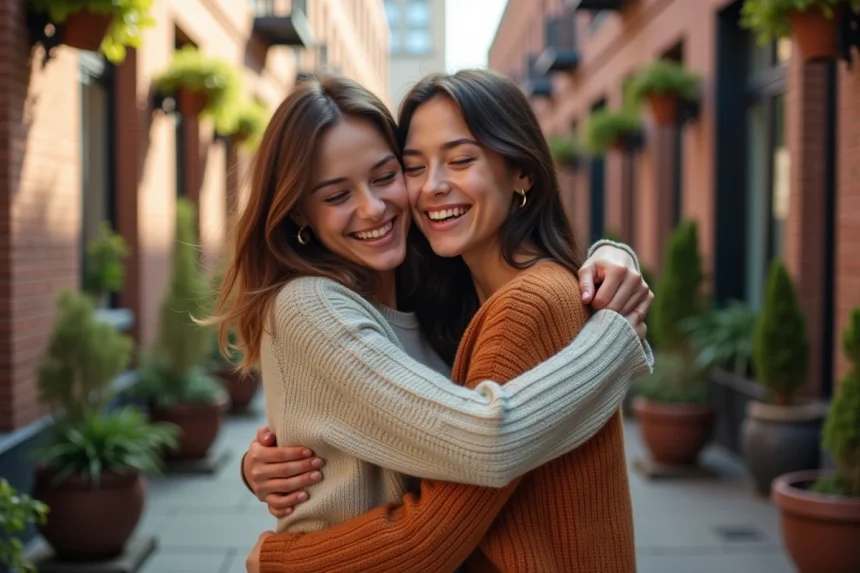 Deux amies s'étreignant chaleureusement sur une terrasse urbaine pour exprimer leur gratitude et amitié
