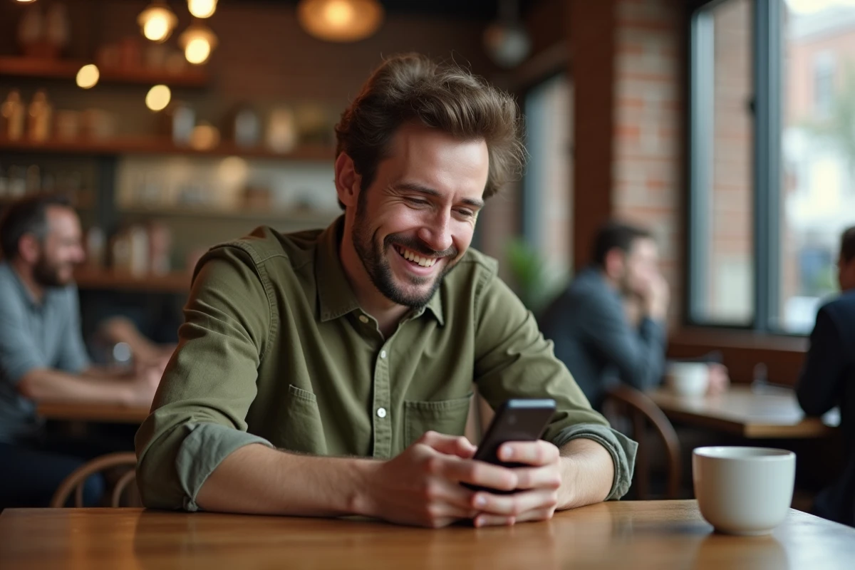 Jeune homme souriant en regardant un message de remerciement sur son smartphone dans un café chaleureux