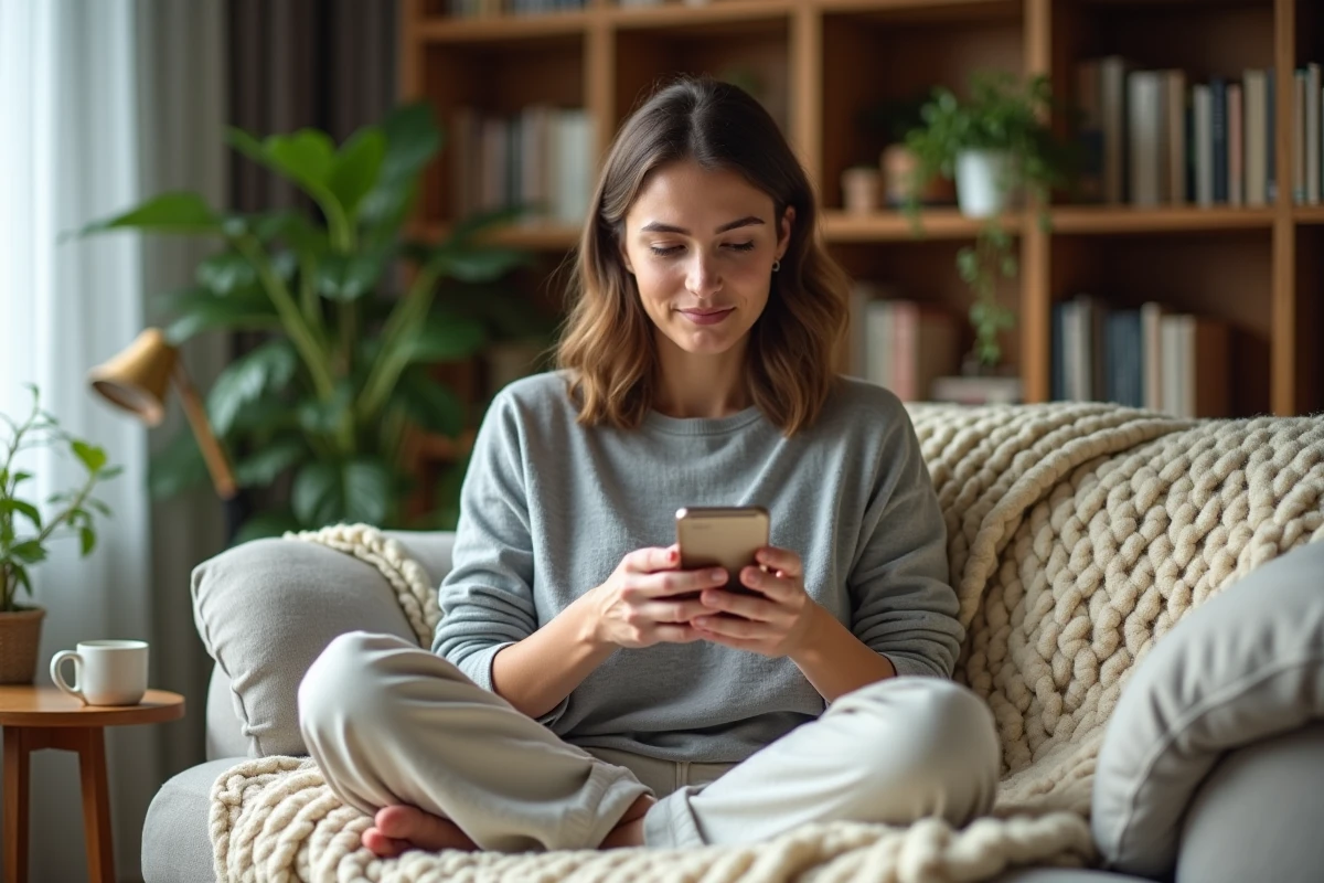 Femme envoyant un message de remerciement avec emoji sur son téléphone depuis son salon confortable