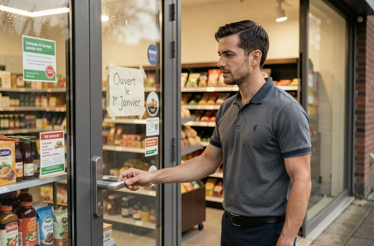 Employé de magasin ouvrant la porte d'une épicerie le matin du 1er janvier avec panneau ouvert