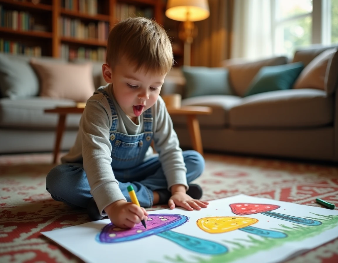 Enfant coloriant un grand dessin de champignon original avec des feutres sur le sol du salon