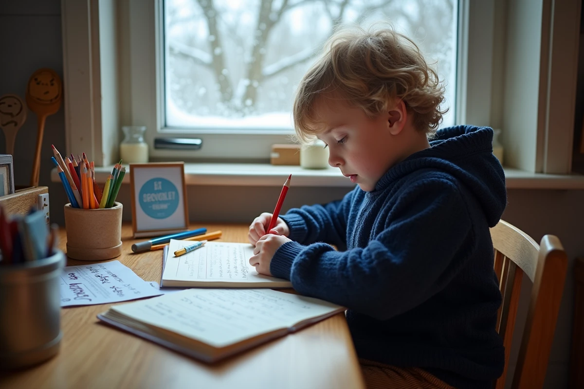 Enfant écrivant un poème sur l'hiver dans son cahier scolaire à la maison