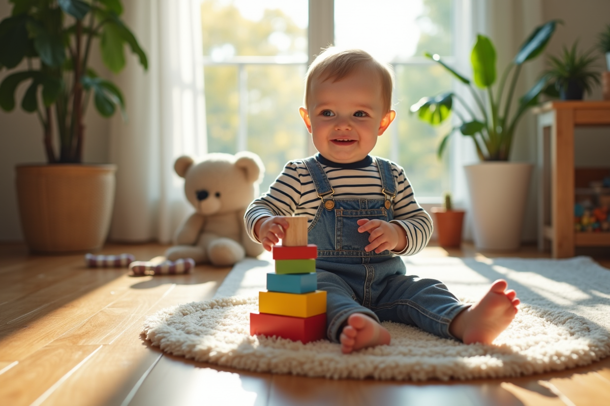 Garçon de deux ans jouant avec des blocs en bois colorés dans un salon lumineux