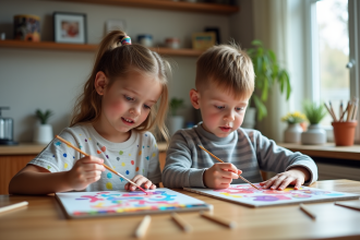 Deux enfants concentrés sur leur peinture à numéros à la maison